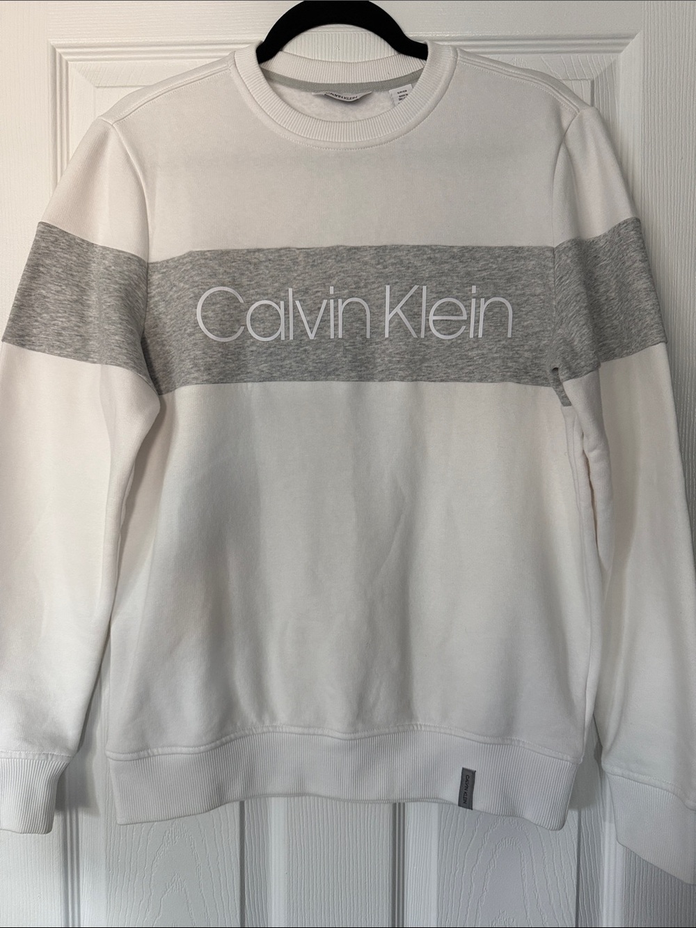 Calvin Klein White Crewneck Sweater with Gray Chest Stripe